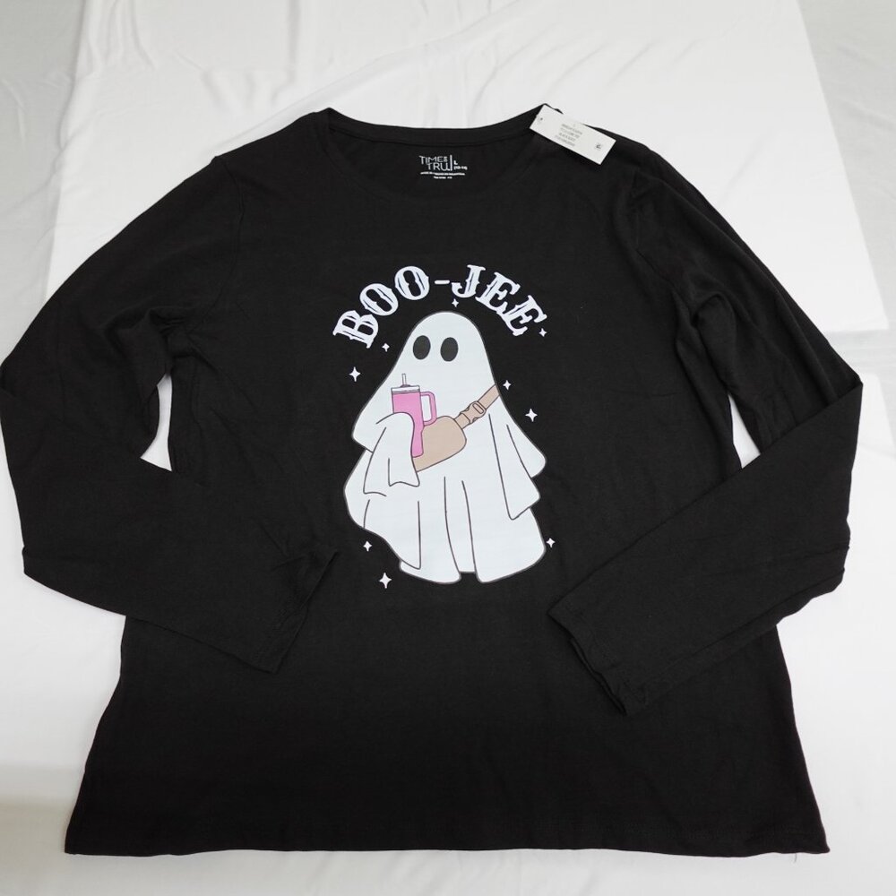 Womens Halloween LARGE Shirt Boo-Jee Ghost w/Stanley Cup Long Sleeve Graphic Tee